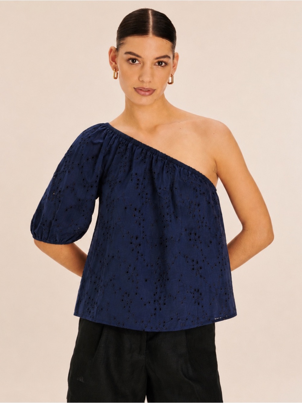 Velvet by Graham & Spencer Navy One-Shoulder Eyelet Top